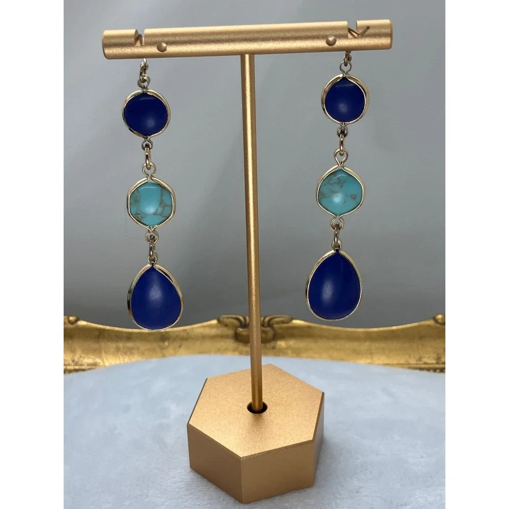 Gold Tone Blue and Turquoise Faux Stone Triple Drop Dangle Earrings‎ Boho Luxury